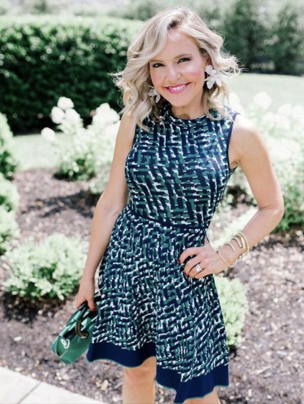 Eliza J Green- Navy Sleeveless Geometric Knit Fit & Flare Sweater  Dress Sz.PL - Picture 2 of 16